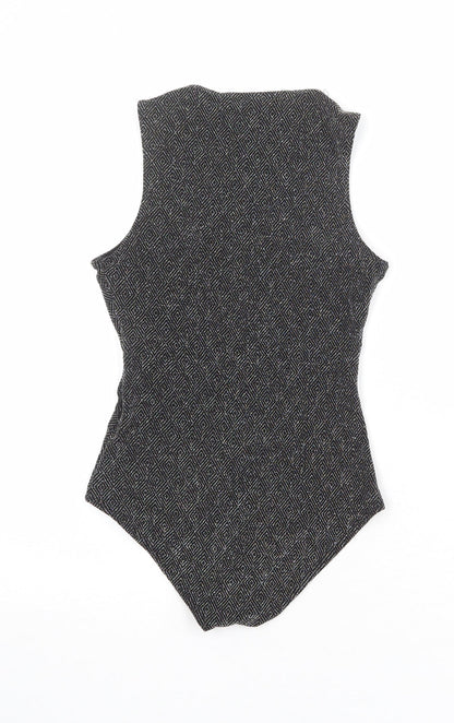 Topshop Womens Black Geometric Nylon Bodysuit One-Piece Size 6 Snap - Plunge Neckline