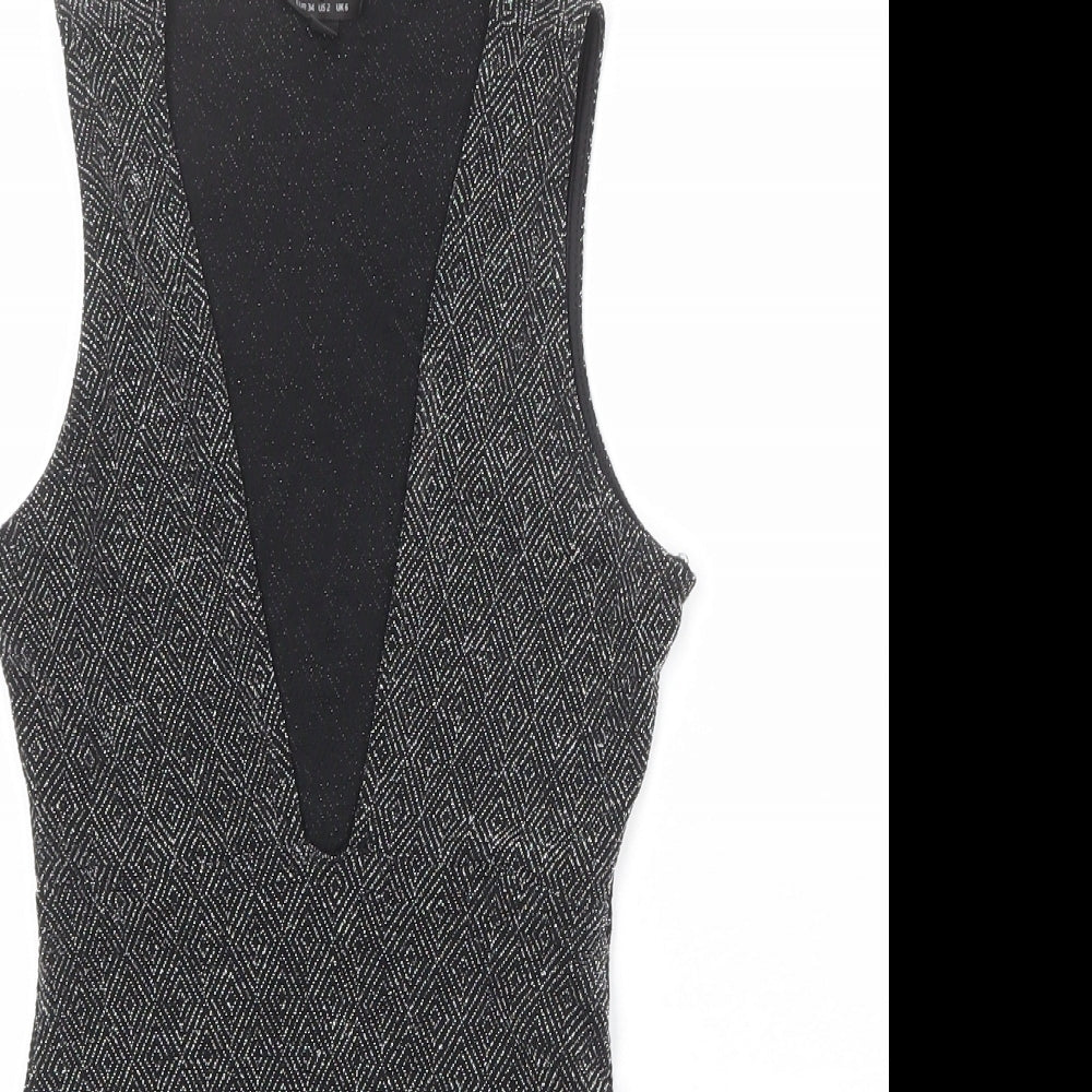 Topshop Womens Black Geometric Nylon Bodysuit One-Piece Size 6 Snap - Plunge Neckline