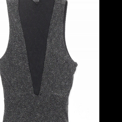 Topshop Womens Black Geometric Nylon Bodysuit One-Piece Size 6 Snap - Plunge Neckline