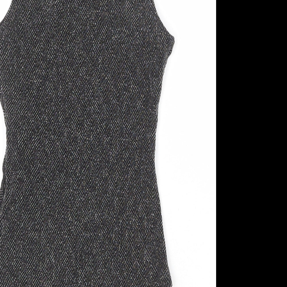 Topshop Womens Black Geometric Nylon Bodysuit One-Piece Size 6 Snap - Plunge Neckline