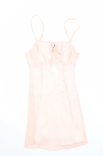 Divided by H&M Womens Pink Check Polyester Slip Dress Size XS Square Neck Zip