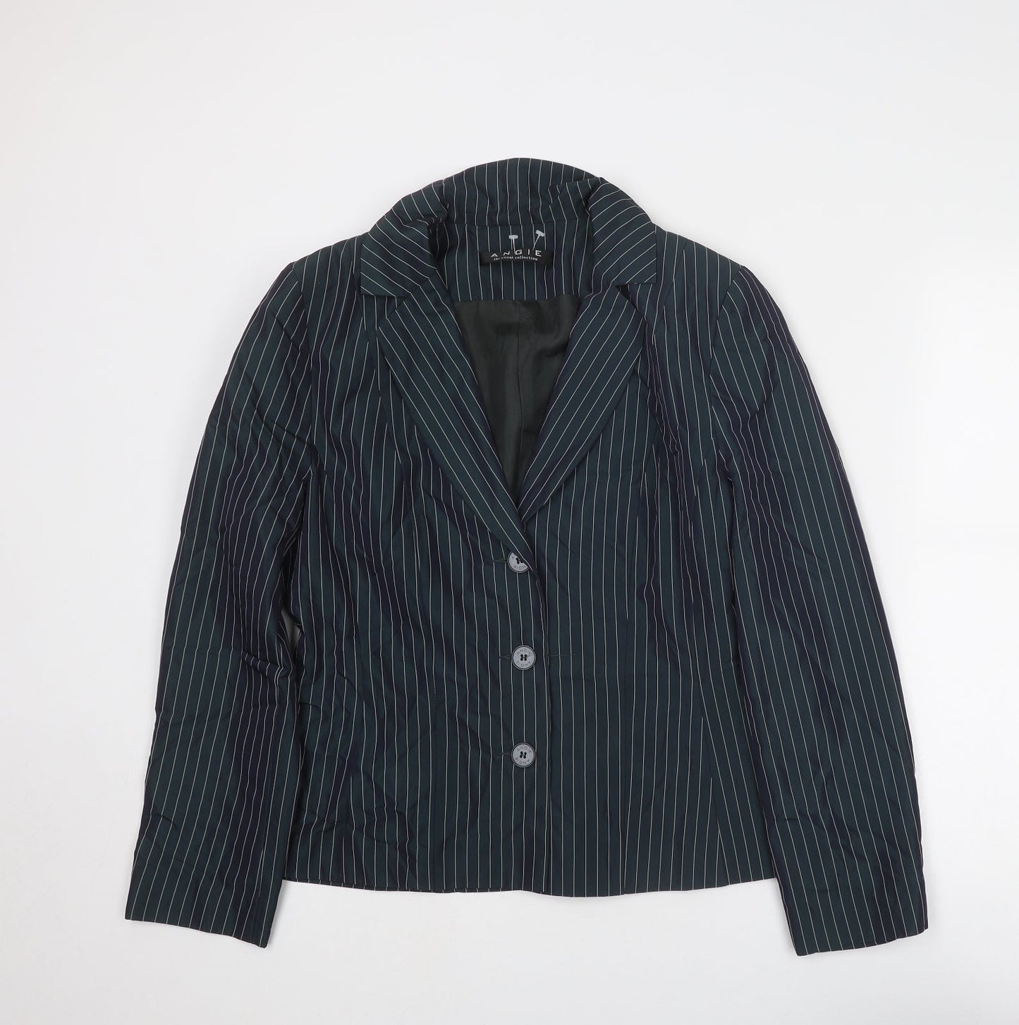 Angie Womens Blue Striped Jacket Blazer Size 14 Buckle