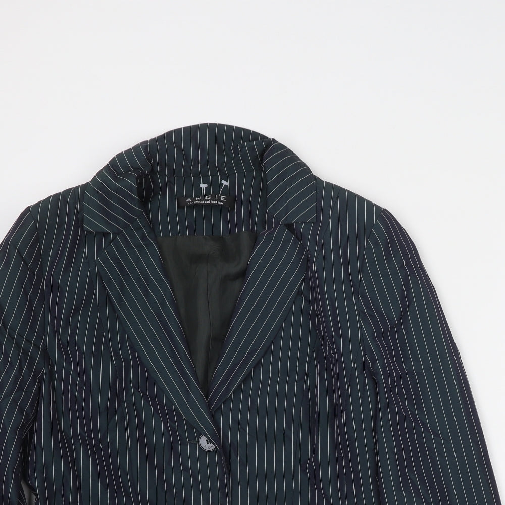 Angie Womens Blue Striped Jacket Blazer Size 14 Buckle