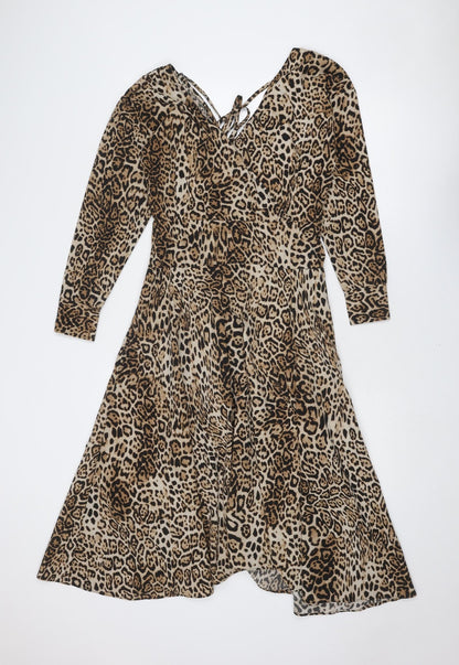 Inomi Womens Brown Animal Print Polyester A-Line Size S V-Neck Zip - Leopard Print