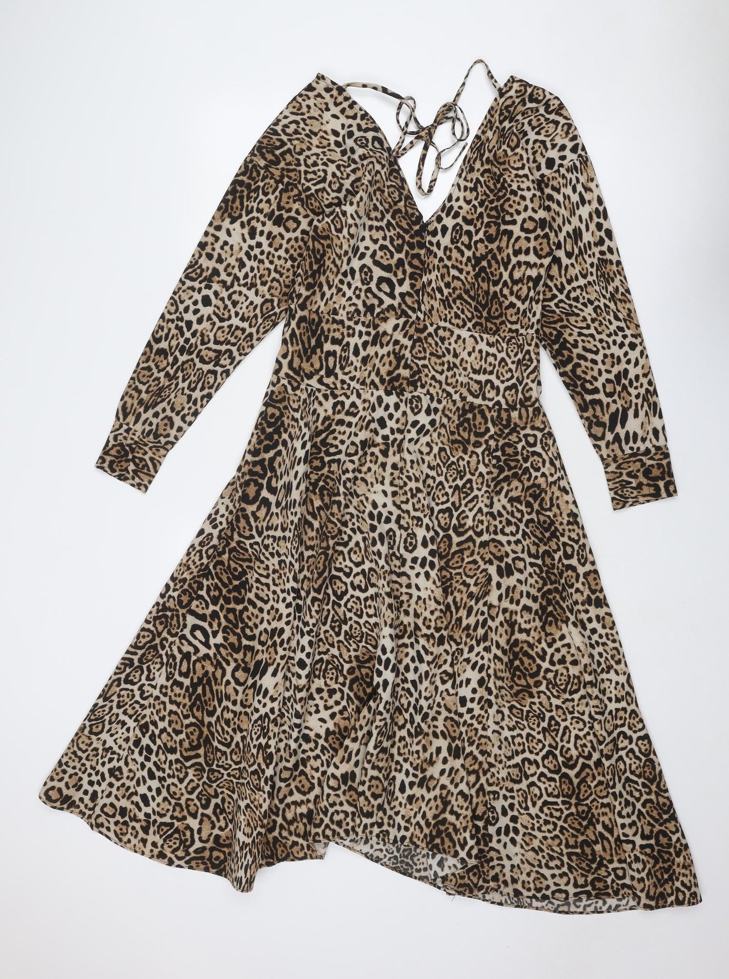 Inomi Womens Brown Animal Print Polyester A-Line Size S V-Neck Zip - Leopard Print
