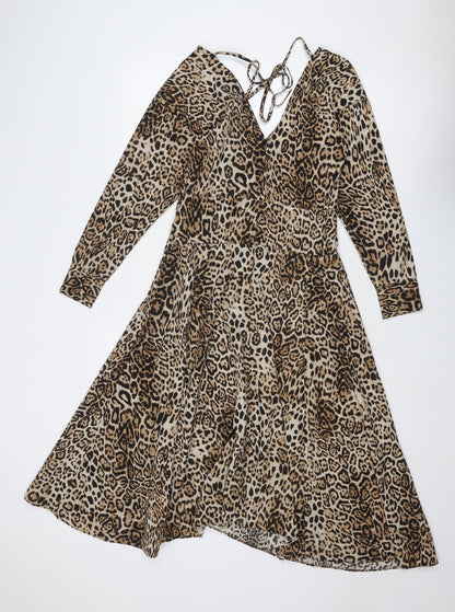 Inomi Womens Brown Animal Print Polyester A-Line Size S V-Neck Zip - Leopard Print