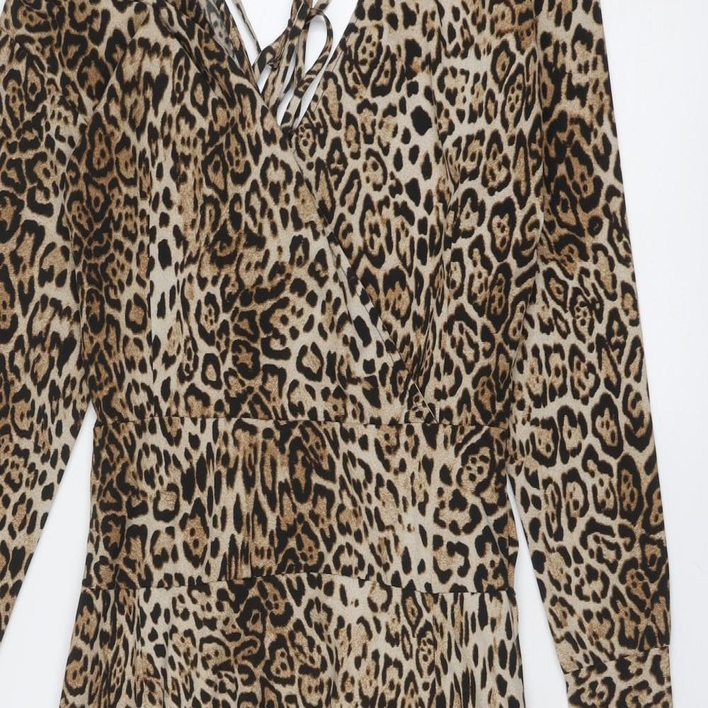 Inomi Womens Brown Animal Print Polyester A-Line Size S V-Neck Zip - Leopard Print