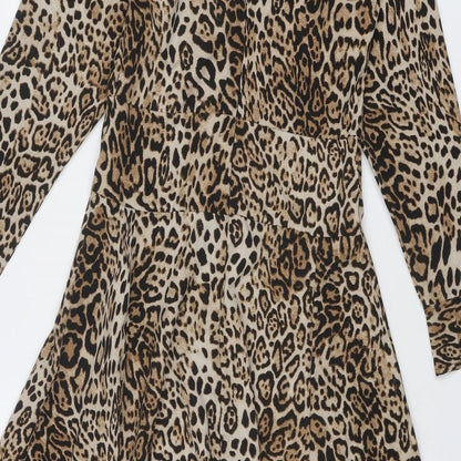 Inomi Womens Brown Animal Print Polyester A-Line Size S V-Neck Zip - Leopard Print