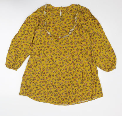 NEXT Girls Yellow Floral Viscose A-Line Size 11 Years Round Neck Button