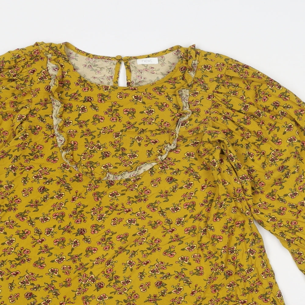 NEXT Girls Yellow Floral Viscose A-Line Size 11 Years Round Neck Button
