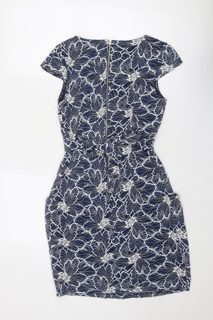 Blue Vanilla Womens Blue Floral Nylon Shift Size 12 Round Neck Zip