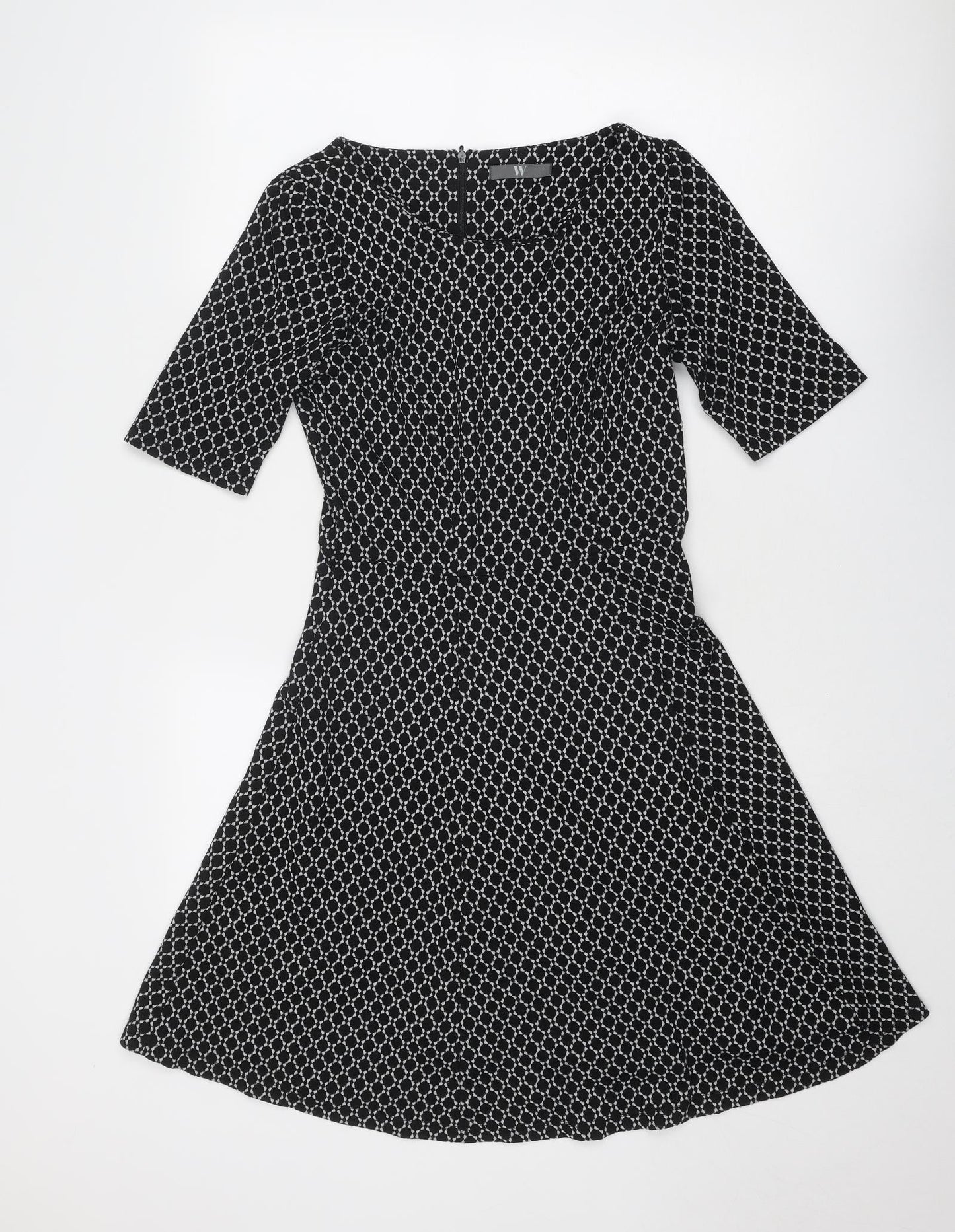 BHS Womens Black Geometric Viscose Fit & Flare Size 10 Round Neck Zip