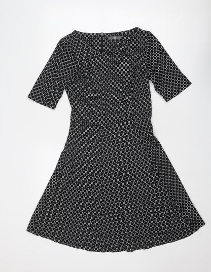 BHS Womens Black Geometric Viscose Fit & Flare Size 10 Round Neck Zip