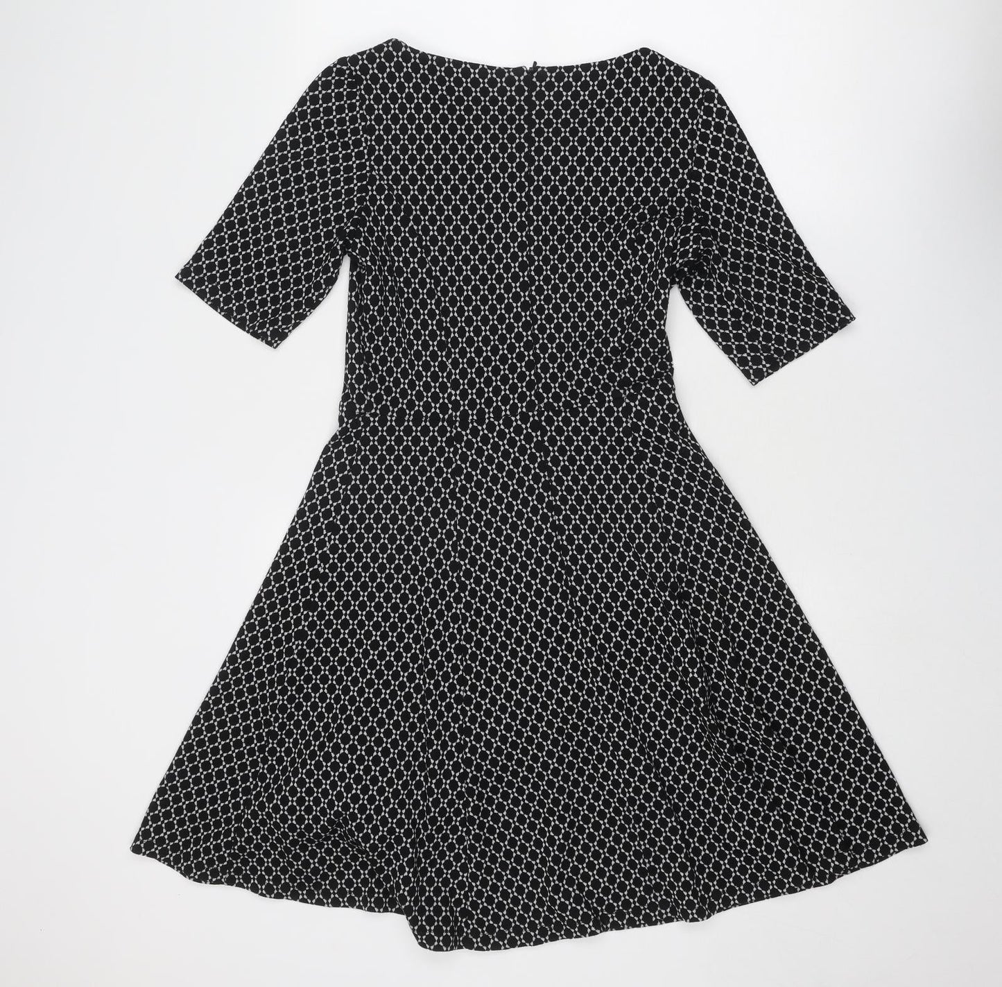 BHS Womens Black Geometric Viscose Fit & Flare Size 10 Round Neck Zip