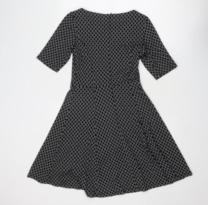 BHS Womens Black Geometric Viscose Fit & Flare Size 10 Round Neck Zip