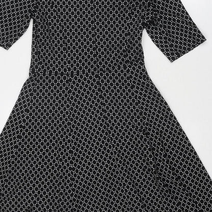 BHS Womens Black Geometric Viscose Fit & Flare Size 10 Round Neck Zip