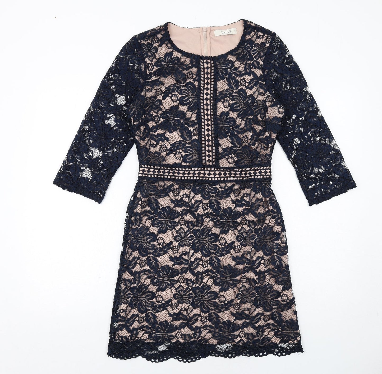 Oasis Womens Blue Polyester Mini Size 8 Boat Neck Zip - Lace Overlay