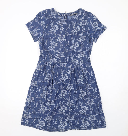 Dorothy Perkins Womens Blue Floral Viscose A-Line Size 8 Round Neck Zip