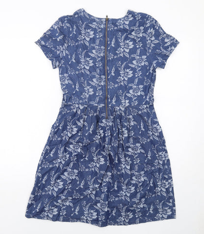 Dorothy Perkins Womens Blue Floral Viscose A-Line Size 8 Round Neck Zip