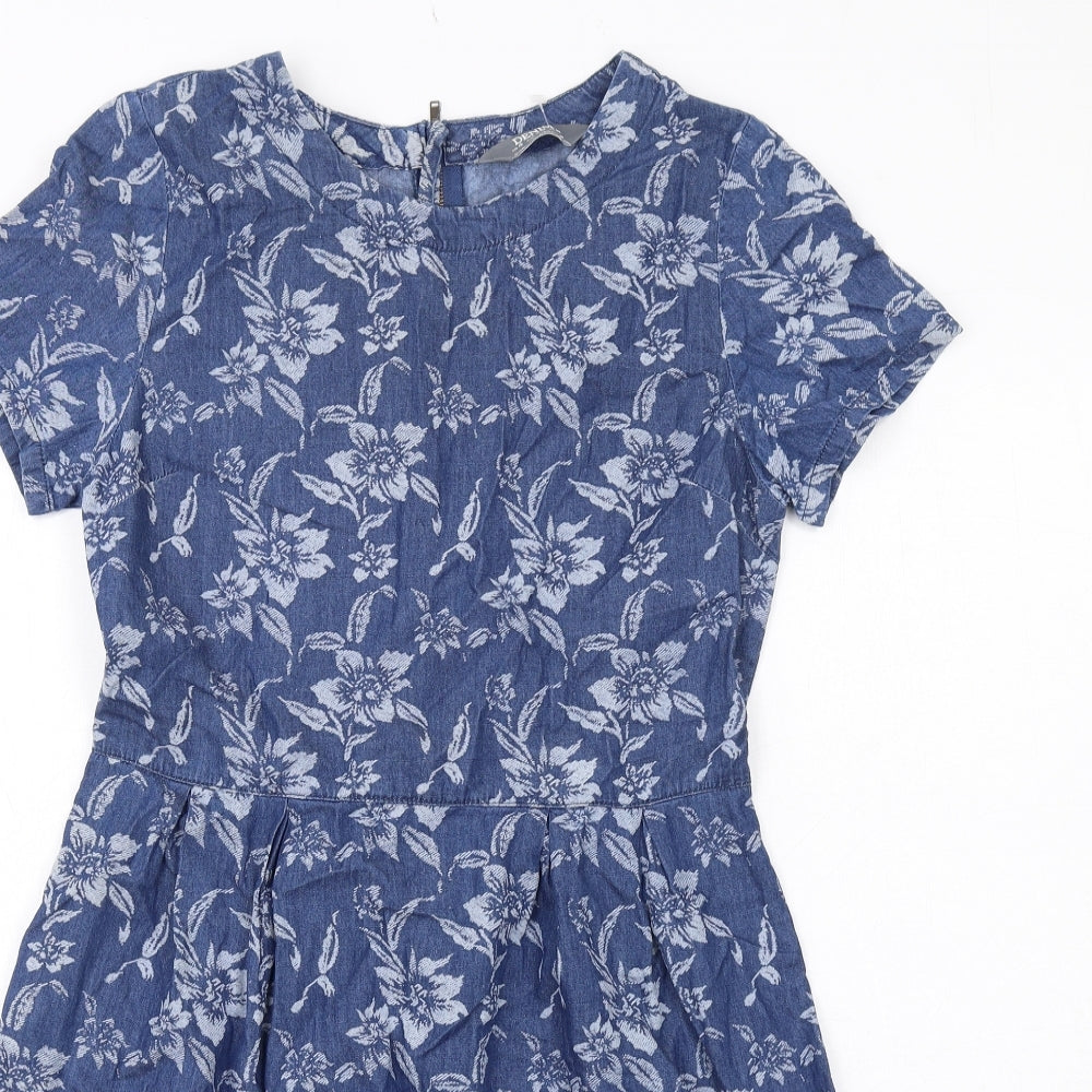 Dorothy Perkins Womens Blue Floral Viscose A-Line Size 8 Round Neck Zip