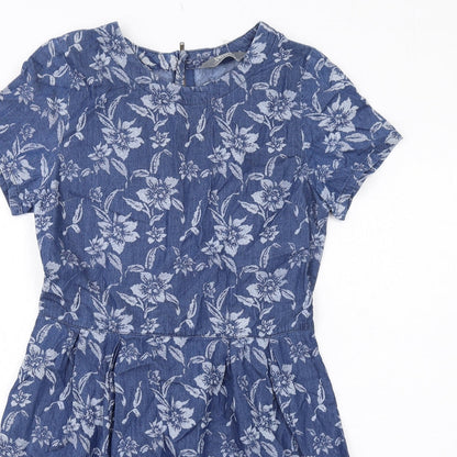 Dorothy Perkins Womens Blue Floral Viscose A-Line Size 8 Round Neck Zip