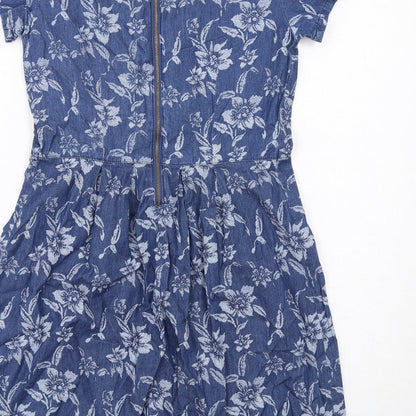 Dorothy Perkins Womens Blue Floral Viscose A-Line Size 8 Round Neck Zip