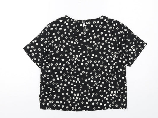 Zara Girls Black Geometric Polyester Basic T-Shirt Size 13-14 Years Round Neck Button - Daisy Print