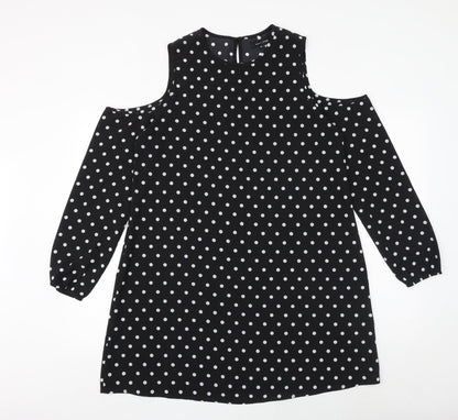 New Look Womens Black Polka Dot Polyester A-Line Size 12 Round Neck Button - Cold Shoulder