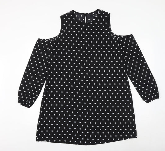 New Look Womens Black Polka Dot Polyester A-Line Size 12 Round Neck Button - Cold Shoulder