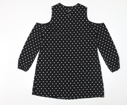 New Look Womens Black Polka Dot Polyester A-Line Size 12 Round Neck Button - Cold Shoulder