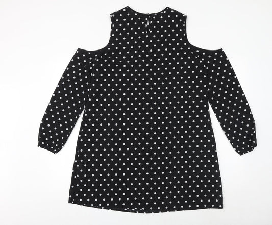 New Look Womens Black Polka Dot Polyester A-Line Size 12 Round Neck Button - Cold Shoulder