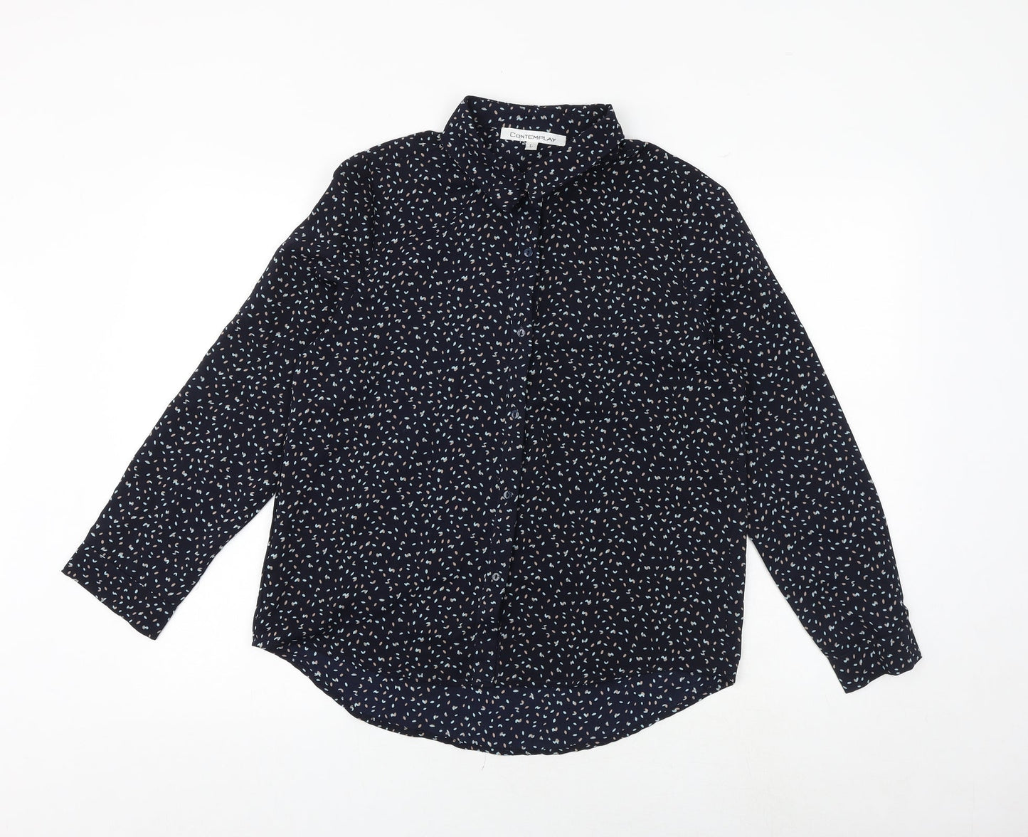 Contemplay Womens Blue Geometric Polyester Basic Button-Up Size L Collared