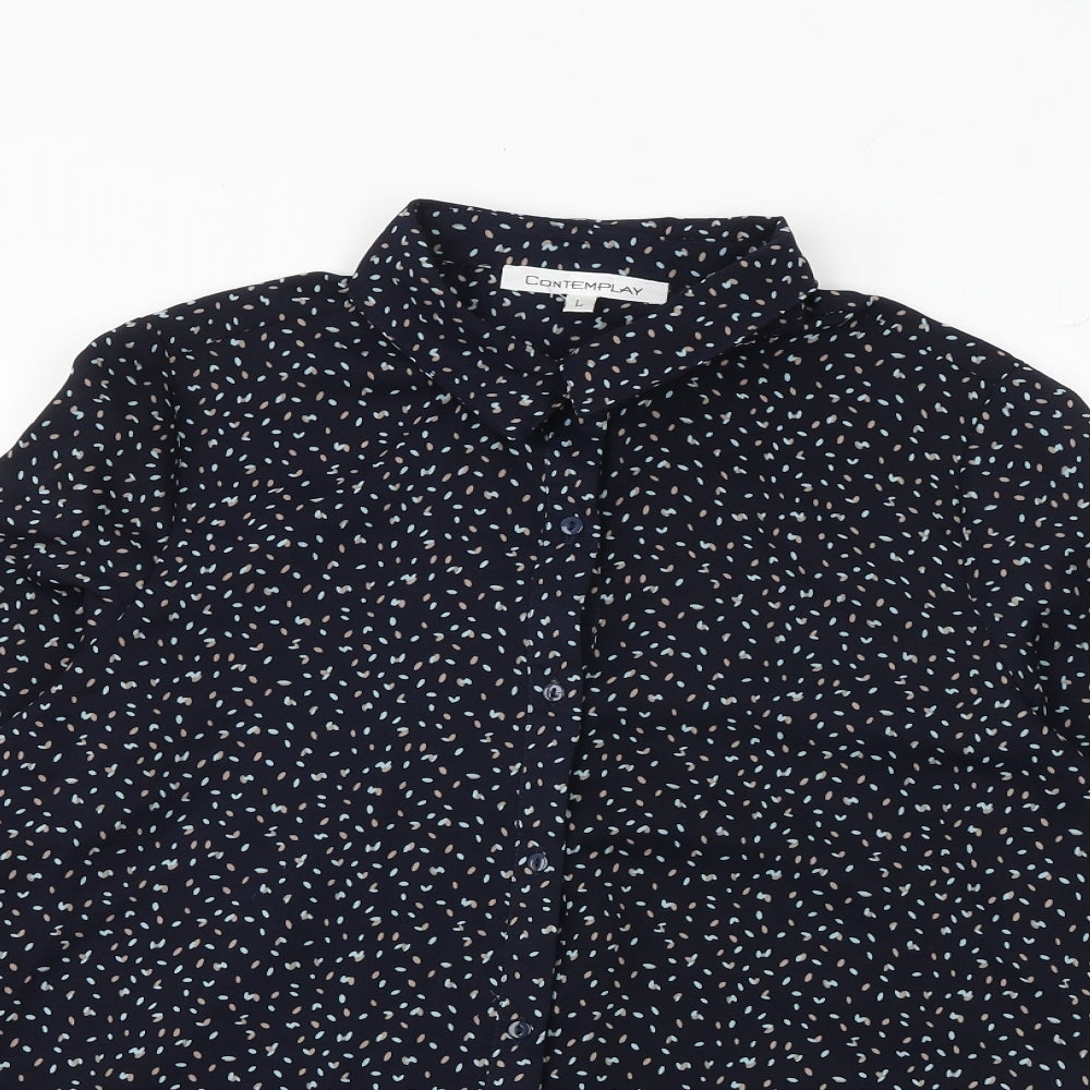 Contemplay Womens Blue Geometric Polyester Basic Button-Up Size L Collared