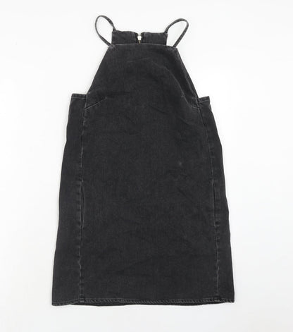 Topshop Womens Black Cotton Pinafore/Dungaree Dress Size 6 Square Neck Zip