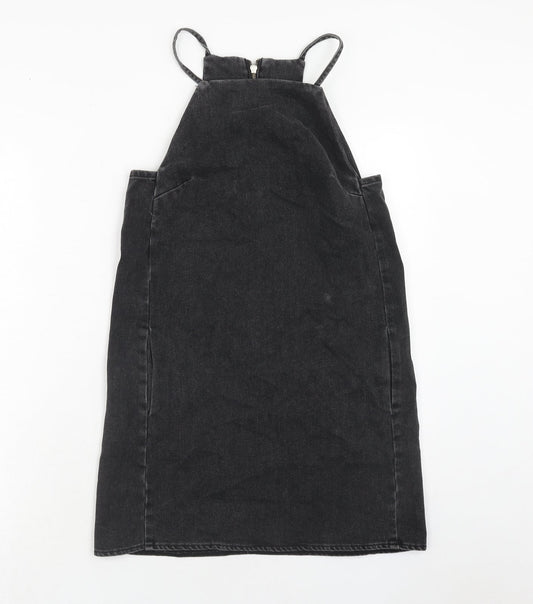 Topshop Womens Black Cotton Pinafore/Dungaree Dress Size 6 Square Neck Zip