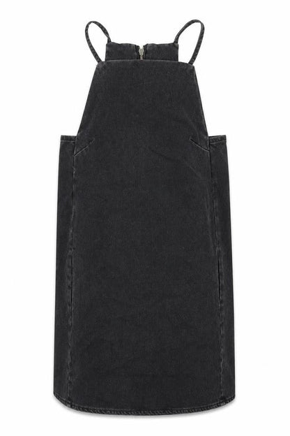 Topshop Womens Black Cotton Pinafore/Dungaree Dress Size 6 Square Neck Zip