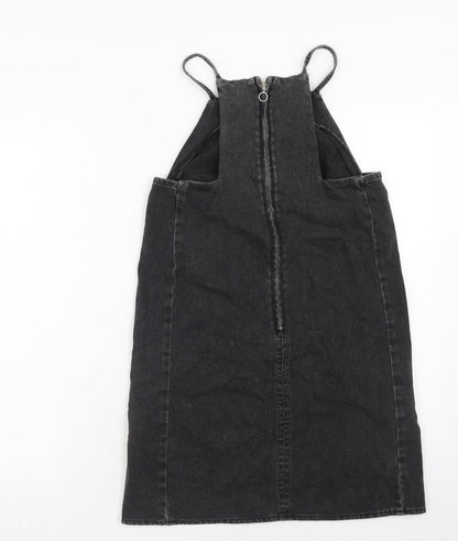 Topshop Womens Black Cotton Pinafore/Dungaree Dress Size 6 Square Neck Zip