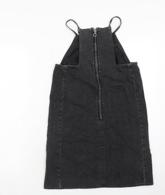 Topshop Womens Black Cotton Pinafore/Dungaree Dress Size 6 Square Neck Zip