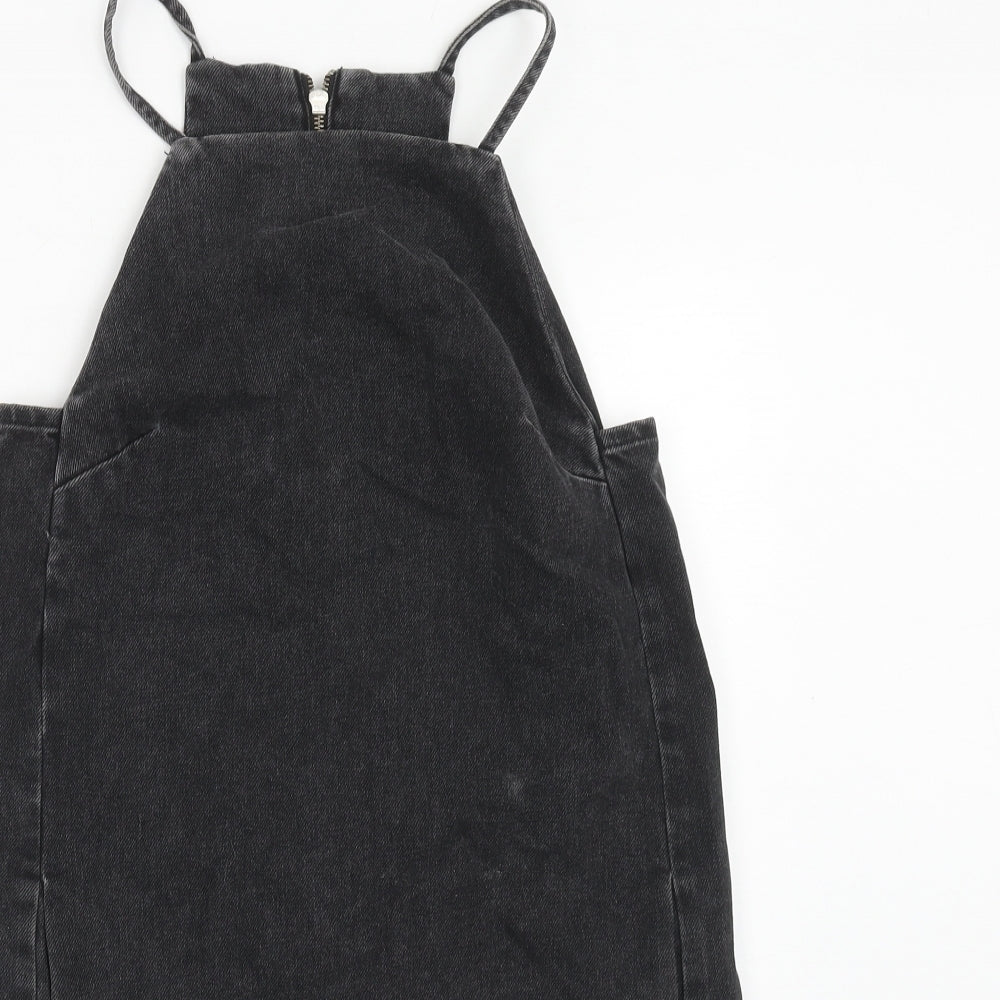 Topshop Womens Black Cotton Pinafore/Dungaree Dress Size 6 Square Neck Zip