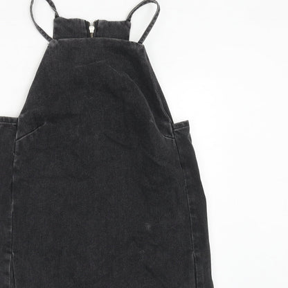 Topshop Womens Black Cotton Pinafore/Dungaree Dress Size 6 Square Neck Zip