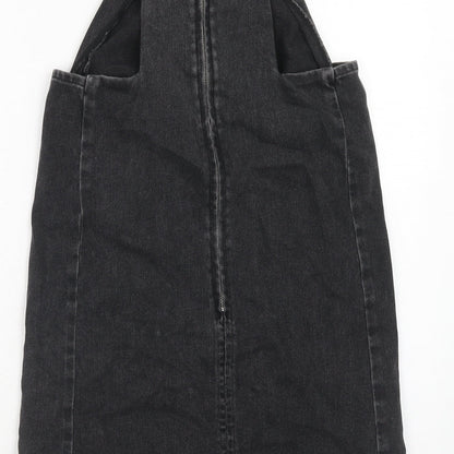 Topshop Womens Black Cotton Pinafore/Dungaree Dress Size 6 Square Neck Zip