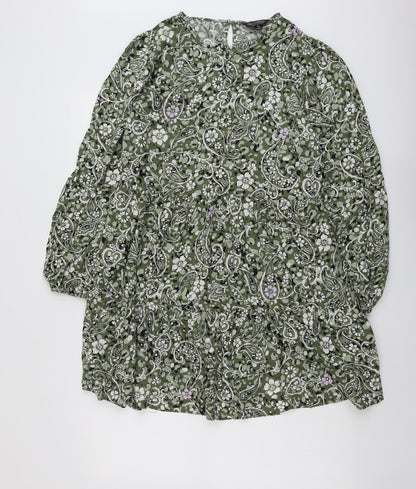Miss Selfridge Womens Green Geometric Viscose A-Line Size 10 Round Neck Button