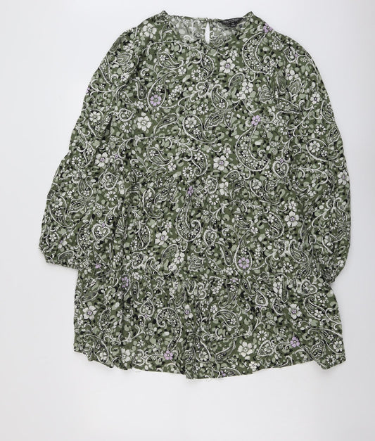 Miss Selfridge Womens Green Geometric Viscose A-Line Size 10 Round Neck Button