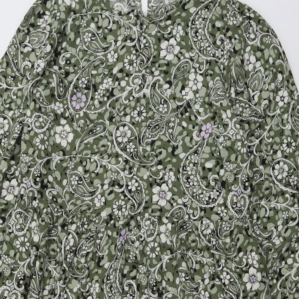 Miss Selfridge Womens Green Geometric Viscose A-Line Size 10 Round Neck Button