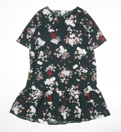 Only Womens Green Floral Polyester Skater Dress Size 8 Round Neck Pullover