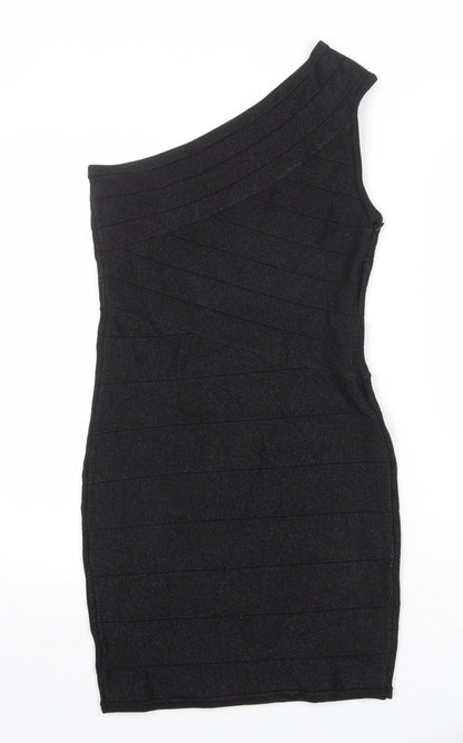 WOW Couture Womens Black Viscose A-Line Size L One Shoulder Zip