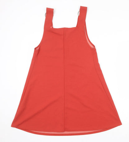 Boohoo Womens Red Polyester Pinafore/Dungaree Dress Size 8 Round Neck Pullover