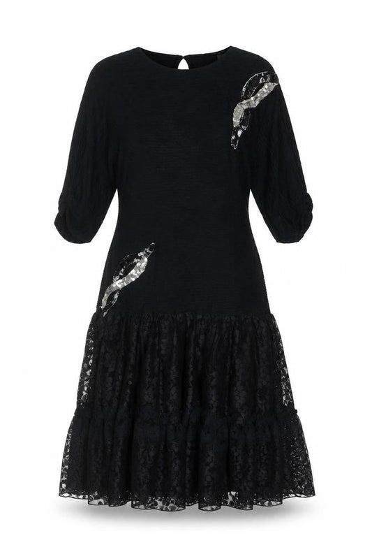 Front view of Fashion Style women’s black floral polyamide fit & flare, size UK 10, round neck zip