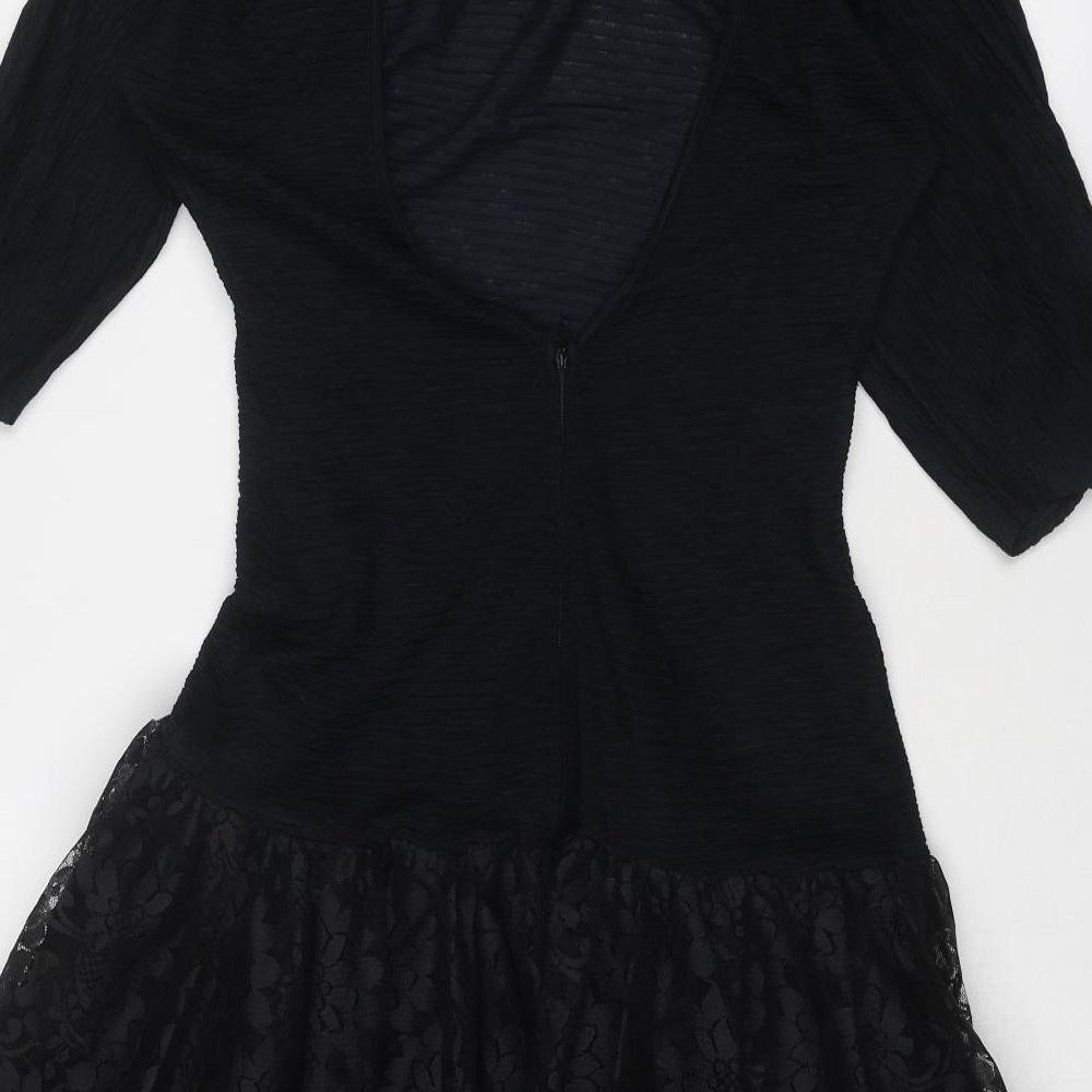 Fashion Style Womens Black Floral Polyamide Fit & Flare Size 10 Round Neck Zip