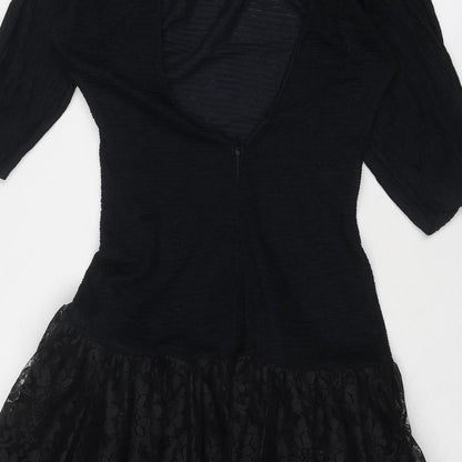 Fashion Style Womens Black Floral Polyamide Fit & Flare Size 10 Round Neck Zip